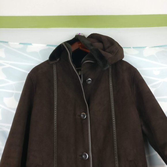 Hooded Natural Suede Full Long Coat with pleather trims and pockets, Brown sz.14 - Picture 2 of 12